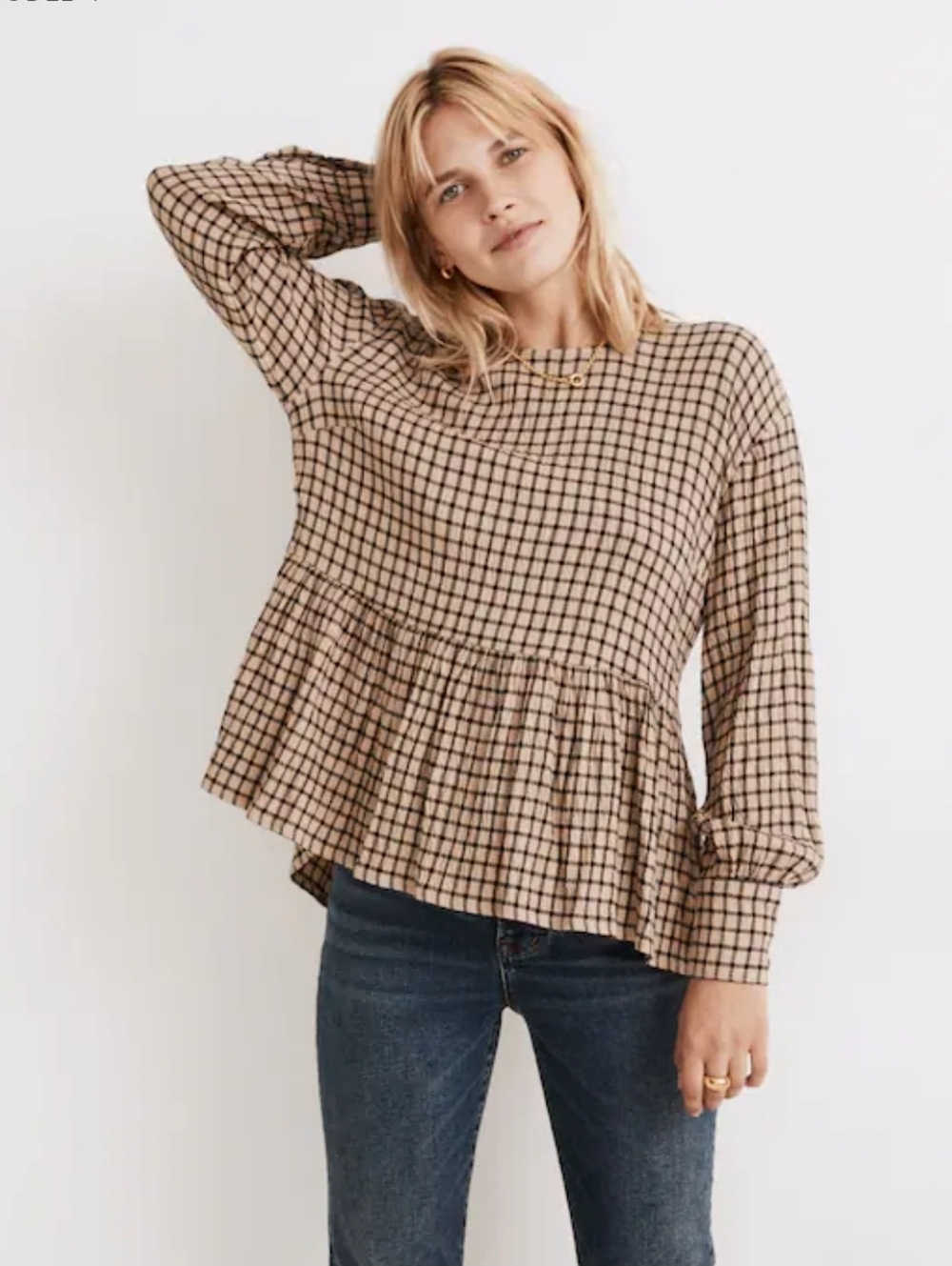 ❤️ NWOT! MADEWELL BUTTON BACK PEPLUM TOP IN MINI WINDOWPANE TWILL CHECK XS